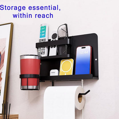 Bedside Shelf for Bed, Metal Floating Nightstand Wall Organizer, No Drill Dorm Room Essentials, Heavy Duty Caddy with Cup Holder & Charging Station for Bunk Bed, Loft, Remote - Matte Black