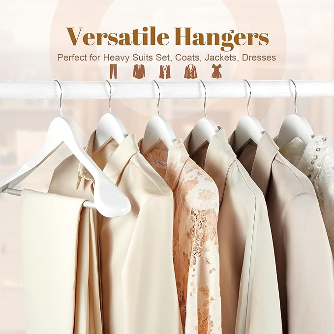 HOUSE DAY Wooden Suit Hangers 6 Pack，Heavy Duty Wide Shoulder Hangers, Solid Wood Coat Hanger with Non-Slip Pant Bar for Petite Adults, Teens and Small Suits, Coats, Jackets (White, 16.5‘’)
