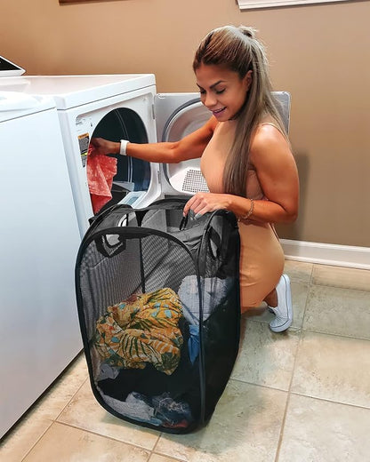 2 Pcs Strong Mesh Pop up Laundry Hamper,House Again Collapsible Laundry Basket with Durable Handles Solid Bottom High Carbon Steel Frame, Space-Saving, Easy to Open and Fold Flat for Storage(Black)