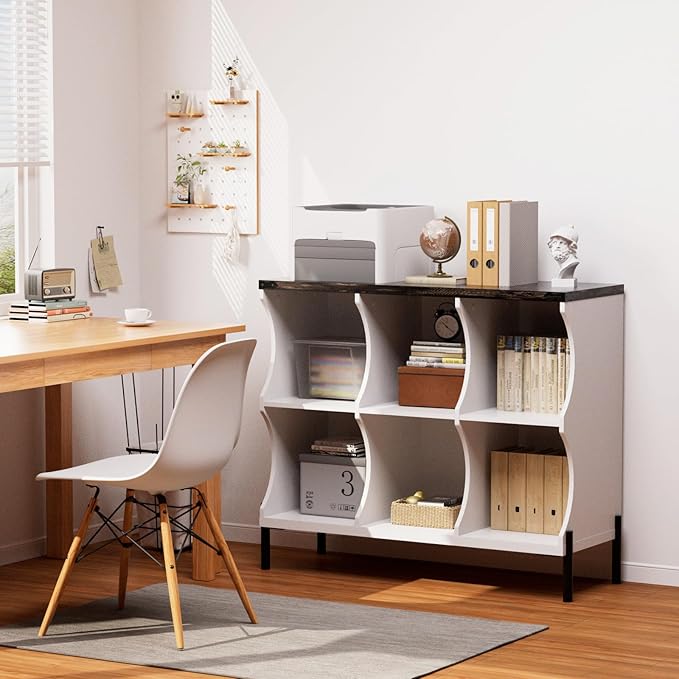 6 Cube Book Shelf, Low and Short Bookshelf, Long Cube Storage Organizer Wood TV Stand, Toy Organization DVD Cabinets for Living Room, Office, Bedroom, Dorm, White with Dark Brown Top