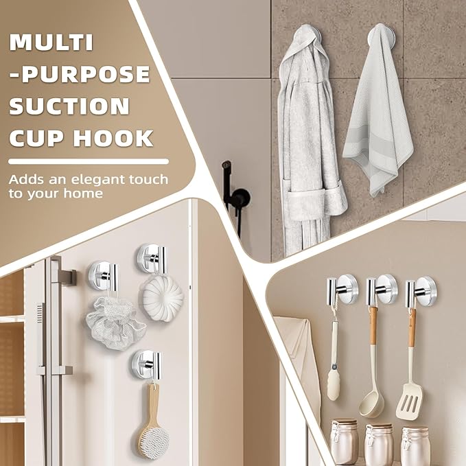 Suction Cup Hooks for Shower - Bathroom Reusable Hooks for Towels, Robes & Loofah - No-Drill Mounting on Kitchen,Walls,Metal,Glass,Mirrors,Tile & Smooth Non-Porous Surfaces (4, Chrome Polished)