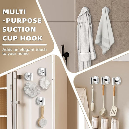 Suction Cup Hooks for Shower - Bathroom Reusable Hooks for Towels, Robes & Loofah - No-Drill Mounting on Kitchen,Walls,Metal,Glass,Mirrors,Tile & Smooth Non-Porous Surfaces (4, Chrome Polished)