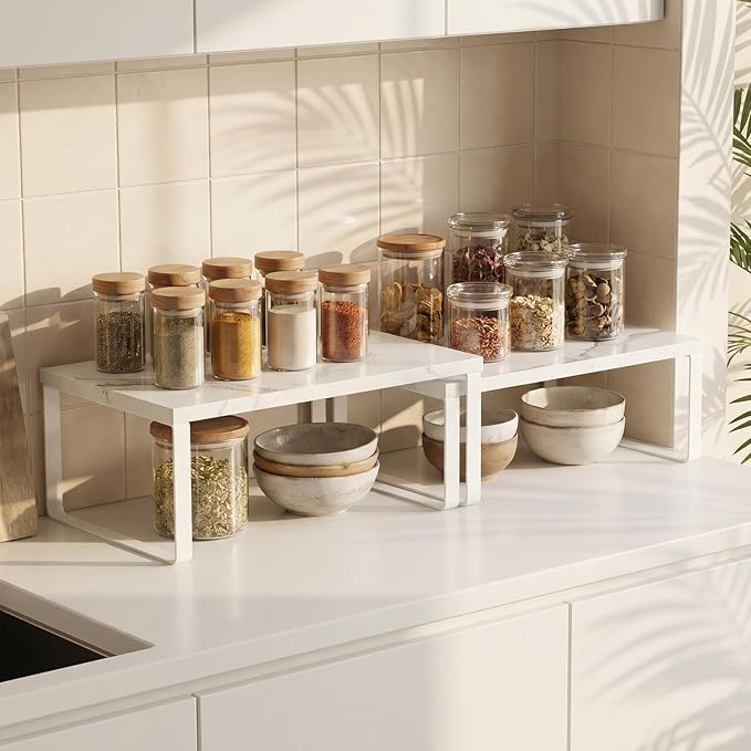 CADUKE Counter Shelf Set of 4 Kitchen Cabinet Shelf Organizer Stackable Expandable Countertop Shelf Organizer Spice Rack for Bathroom Pantry Racks,Metal and Engineered Wood, Marble White