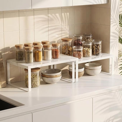 CADUKE Counter Shelf Set of 4 Kitchen Cabinet Shelf Organizer Stackable Expandable Countertop Shelf Organizer Spice Rack for Bathroom Pantry Racks,Metal and Engineered Wood, Marble White