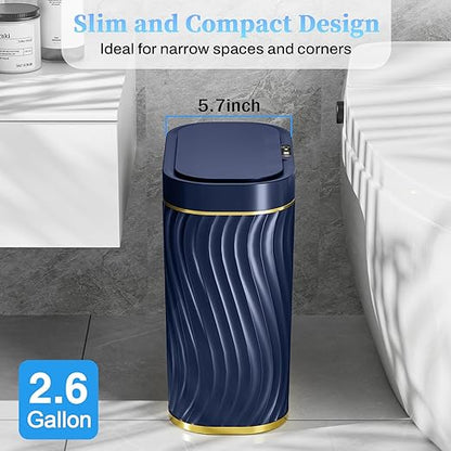 Bathroom Small Trash Can with Automatic Touchless Lid, 2.6 Gallon Smart Garbage Can Narrow Waterproof Trash Bin for Bedroom, Office, Living Room