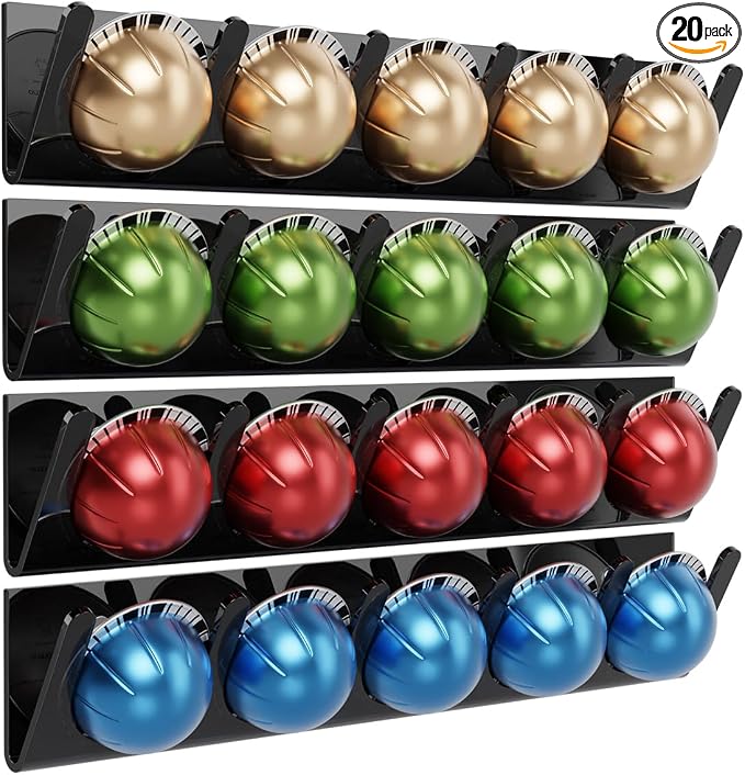 LifeMoreasy Magnetic Coffee Pods Holder for Nespresso Vertuo & Dolce Gusto, Self-Adhesive Wall Mounted Capsule Organizer for Kitchen Cabinet Fridge(4 Packs for 20 Pods)