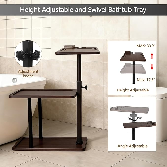 3 Layer Bathtub Tray Table,Bamboo Swivel Bathtub Side Table Height Adjustable,Freestanding Bathtub Tray for Tub Against Wall,Bathtub Accessories&Bathroom Organizer for Luxury Home Spa (Brown1)