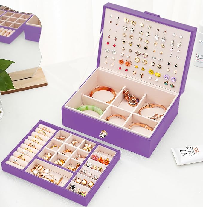 QBestry Girls Jewelry Box for Earrings Jewelry Organizer Box Teen Girls Earrings Organizer Jewelry Box with Earring Holder Organizer Stud Earring Box for Girls Womens Jewelry Case Organizer Purple