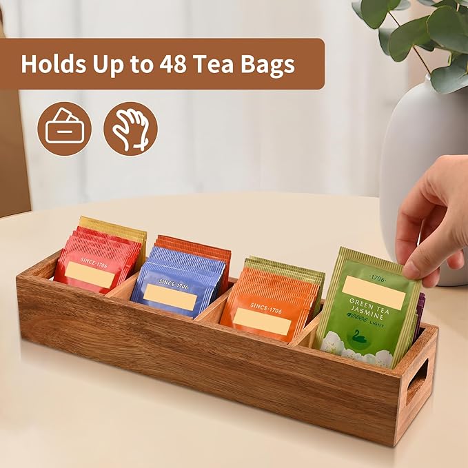 Acacia Wood Tea Bag Organizer with 4 Slots – Tea Bag Holder and Tea Organizer, Sugar Packet Storage for Countertops, Set of two
