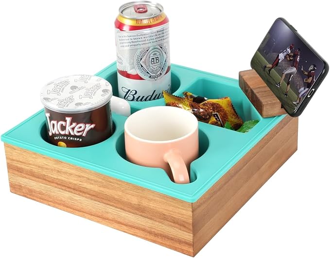 Couch Cup Holder Tray, Handy Soft Silicone Acacia Wooden Couch Caddy for Bed Car Seat Beach Organizer, Waterproof Anti-Spill Sofa Cup Holder for Snacks Beverage Remote (Green)