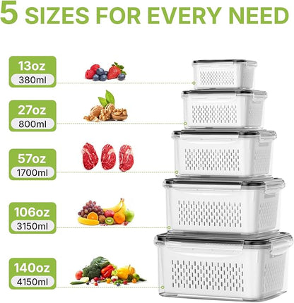 5 Pack Large Fruit Storage Containers for Fridge, Leakproof Produce Containers with Removable Colanders, Dishwasher Safe Fridge Organizers and Storage, Keep Berry, Vegetables Fresh Longer