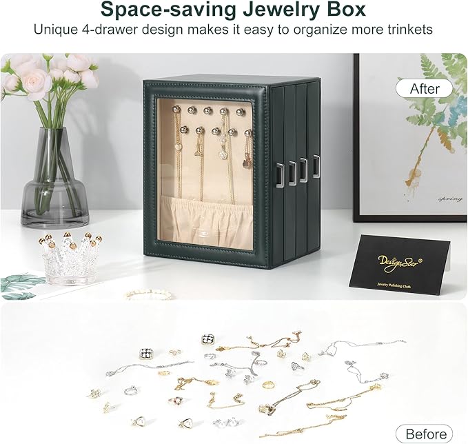 DesignSter Jewelry Box Organizer, Jewelry Box for Women, PU Jewelry Organizer Display Case with Side Drawers, Jewelry Storage for Earring Necklace Ring Bracelet Watch