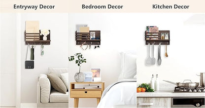 Dahey Wall Mounted Mail Holder Wooden Key Holder Rack Mail Sorter Organizer with 4 Double Key Hooks and A Floating Shelf Farmhouse Rustic Home Decor for Entryway or Mudroom,15.7"W x9.3"Hx3.2"D, Brown