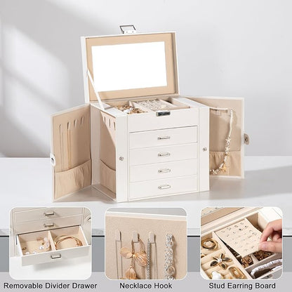 Frebeauty 5-layer Jewelry Box,Faux Leather Jewelry Organizer with 4 Drawers,Jewelry Organizers and Storage with Mirror,Jewelry Holder Organizer for Necklace,Jewerly Boxers for Women Girls(Black)