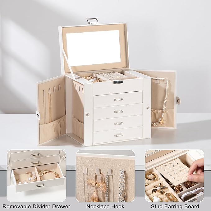 Frebeauty 5-layer Jewelry Box,Faux Leather Jewelry Organizer with 4 Drawers,Jewelry Organizers and Storage with Mirror,Jewelry Holder Organizer for Necklace,Jewerly Boxes for Women Girls(White)