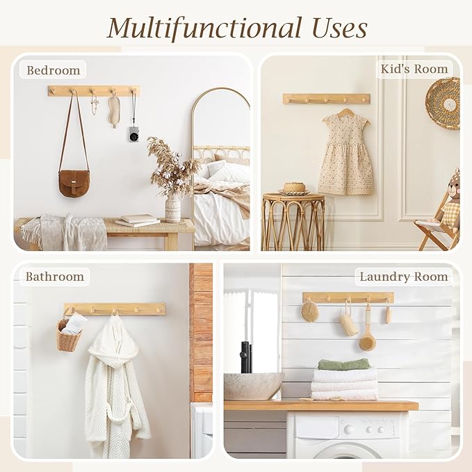 Coat Rack Wall Mount, Wooden Coat Hanger with 5 Hooks, Heavy Duty, Natural, 2 Pcs