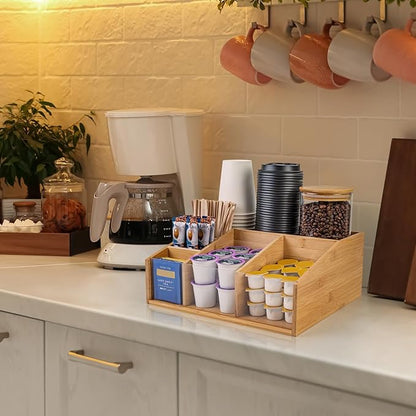 Bamboo Coffee Station Organizer for Countertop, Coffee Bar Accessories Organizer with 6 Compartments for Tea Bags Condiment, Pods, Creamer, Syrup, Cups