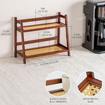 ANBOXIT Rattan-Look Matcha Station Organizer, Countertop Bamboo Tea & Coffee Accessories Station Organizer, 2 Tier Mug Holder Display Stand for Kitchen Condiment, Home, Office - Brown