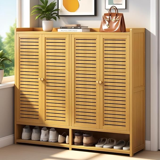 Bamboo Shoe Cabinet with Doors, 8-Tier Shoe Rack for Closet, 38-41 Pairs Freestanding Shoe Storage Cabinet for Hallway Living Room (Brown-03)