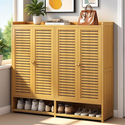 Bamboo Shoe Cabinet with Doors, 8-Tier Shoe Rack for Closet, 38-41 Pairs Freestanding Shoe Storage Cabinet for Hallway Living Room (Brown-03)