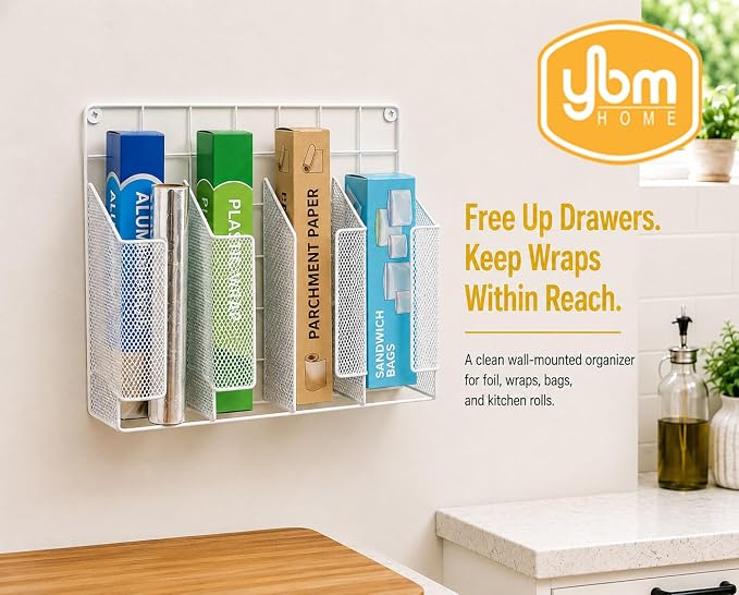 YBM HOME 4-Compartment Wall Mount Kitchen Storage Organizer Holder Basket Pantry Caddy Wrap Rack for Aluminum Foil, Sandwich Bags - White 2232