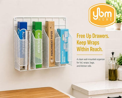 YBM HOME 4-Compartment Wall Mount Kitchen Storage Organizer Holder Basket Pantry Caddy Wrap Rack for Aluminum Foil, Sandwich Bags - White 2232