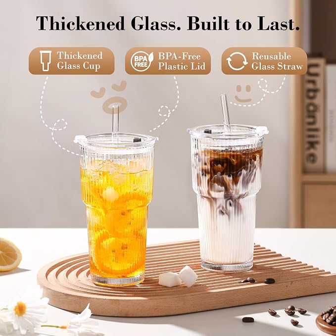 GOSCHE 20oz Ribbed Glass Tumbler with Straw and Lid, Clear Iced Coffee Cups Vintage Glassware, Glass Cups with Lids and Straws for Smoothie Water Tea Juice, Clear, 2 Pack
