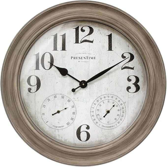 Presentime & Co. 26" Clifton in/Outdoor Farmhouse Clock with Thermometer & Hygrometer as All in One Weather Station, Farmhouse Wall Art and Timepiece for Home Decoration, Light Grey Oak Finish