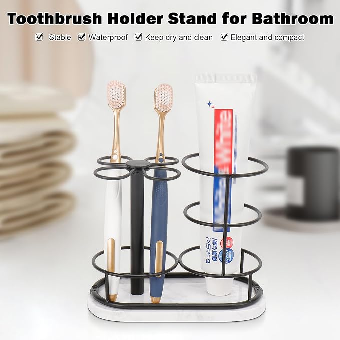 Toothbrush Holder Stand for Bathroom, Metal Toothbrush Organizer with Marble Base, Toothbrush Storage Collection for Family, Suitable for Home Hotel Countertop Vanity (Medium, Matte Black)