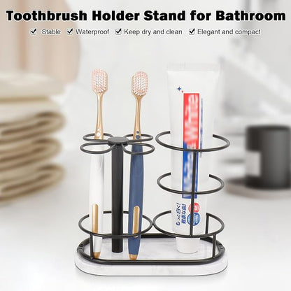 Toothbrush Holder Stand for Bathroom, Metal Toothbrush Organizer with Marble Base, Toothbrush Storage Collection for Family, Suitable for Home Hotel Countertop Vanity (Medium, Matte Black)
