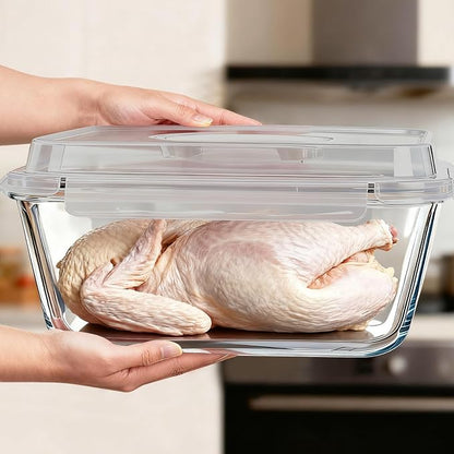Large Glass Storage Containers with Lids 220oz/6500ml - Borosilicate Extra Large Glass Food Storage Containers for Rotisserie Chicken, Turkey - XL Big Glass Bowl Airtight Freezer to Oven Safe