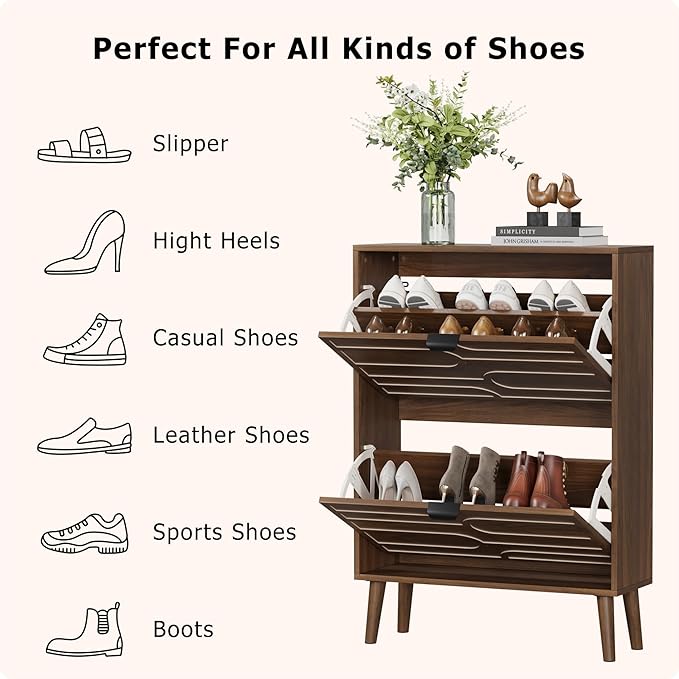 Vibe & Dine Shoe Cabinet with 2 Flip Drawers, Modern Shoe Storage Organizer for Entryway Slim, Freestanding Wood Shoe Rack Cabinet for Hallway, Bedroom, Living Room, Walnut