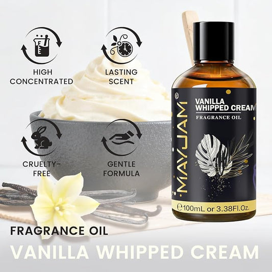 Vanilla Whipped Cream Fragrance Oil Essential Oil, MAYJAM 3.38FL.OZ Vanilla Whipped Cream Oil for Diffusers for Home, Long Lasting Scented Oils for Soap Candle Making - 100ML