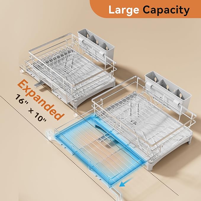 Dish Drying Rack, 304 Stainless Steel Expandable Dish Drainer for Kitchen Counter, Space-Saving with Utensil Holder, Gray