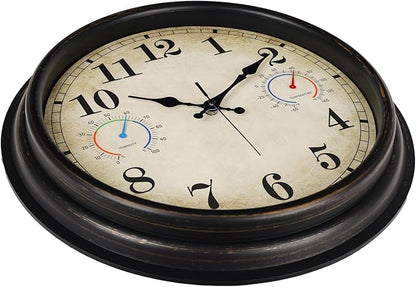 16 Inch Large Outdoor Clock with Thermometer and Hygrometer Combo, Waterproof Indoor Outdoor Wall Clocks for Patio, Pool,Garden Decor- Retro Bronze