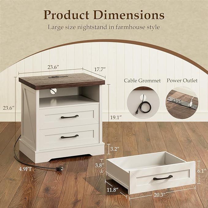 AODK 24 Inch Farmhouse Nightstand with Charging Station, Wood Bedside Table with 2 Drawers and Open Shelf, Rustic End Table with Outlet and USB, White & Dark Walnut