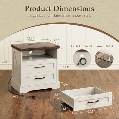 AODK 24 Inch Farmhouse Nightstand with Charging Station, Wood Bedside Table with 2 Drawers and Open Shelf, Rustic End Table with Outlet and USB, White & Dark Walnut