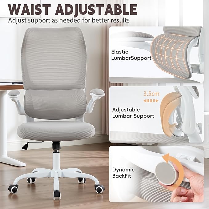 Ergonomic Office Chair, High Back Breathable Mesh Computer Desk Chair with Adjustable Lumbar Support and Flip-Up Armrests, 300LB Capacity Executive Swivel Task Gaming Seat for Home and Office (White)