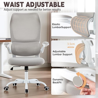 Ergonomic Office Chair, High Back Breathable Mesh Computer Desk Chair with Adjustable Lumbar Support and Flip-Up Armrests, 300LB Capacity Executive Swivel Task Gaming Seat for Home and Office (White)