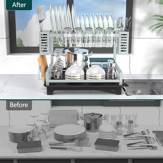 B-Land Dish Drying Rack, 2 Tier Dish Racks for Kitchen Counter, Large Dish Drying Rack with Drainboard & Utensil Holders, Rust-Proof Dish Drainers,Kitchen Organization