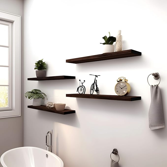 YYWUOJJ Wood Floating Shelves for Wall Decor, Rustic Wall Shelves for Bedroom Bathroom Kitchen Living Room, Set of 4 Walnut 24 Inch