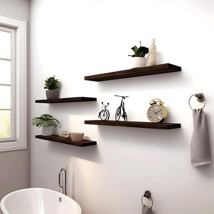 YYWUOJJ Wood Floating Shelves for Wall Decor, Rustic Wall Shelves for Bedroom Bathroom Kitchen Living Room, Set of 4 Walnut 24 Inch