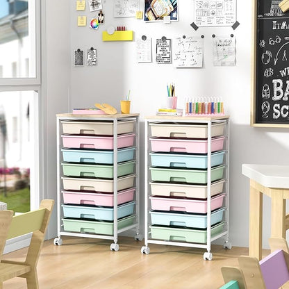 Rolling Storage Cart with Drawers,Utility Cart With 8 Drawers and Wooden Tabletop,Rolling Drawer Cart,Storage Drawer Cart for Living Room,Classroom,Bedroom,Bathroom,Dorm,Office,Rainbow