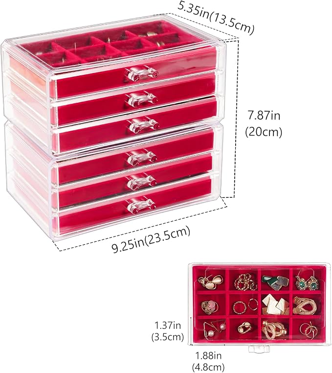 Lolalet Earring Holder Organizer Box Jewelry Storage with 6 Drawers, Clear Acrylic Stackable Earring Case with Adjustable Velvet Trays for Women on Dresser Vanity -Red, 6 Layers