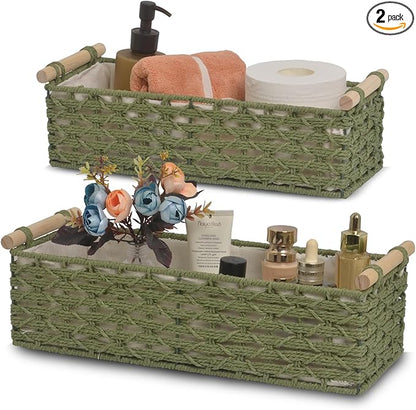 Toilet Paper Baskets for Organizing[2 pack],Paper Rope Wicker Storage Basket with Handle, Bathroom Basket for Bedroom, Nursery, Living Room. (green)