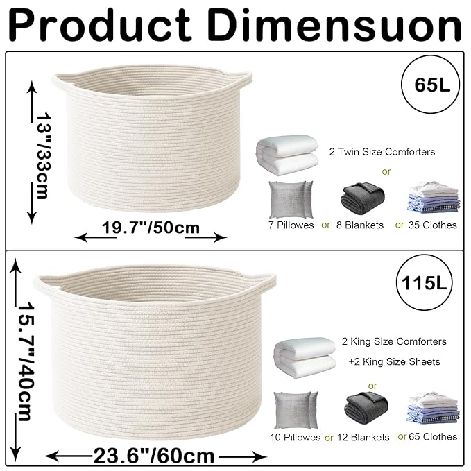 115L Extra Large Woven Cotton Rope Blanket Basket with Handles, Laundry Hamper Storage Bin for Pillows, Comforters,Clothes, Toys, Nursery, Bedroom and Living Room Organization,White
