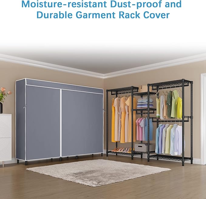 VIPEK Classic V6C Heavy Duty Covered Clothes Rack Portable Wardrobe Closet, 5 Tiers Wire Garment Rack Black Metal Clothing Rack with Grey Oxford Cover, 70.1" L x 17.3" W x 76.4" H, Max Load 870 LBS