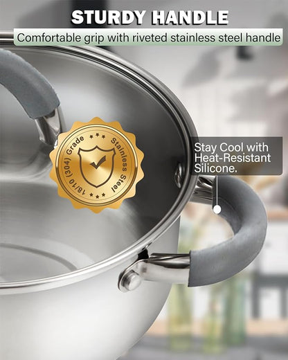 Cook N Home Basics 5.5 Quart Stainless Steel Stock Pot with Lid, Cooking Pot for Pasta, Soup, Stay-Cool Silicone Handle, Stockpot with Even Heating, Oven Safe, Cookware for Canning, Boiling, Simmer