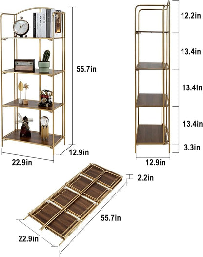 Crofy No Assembly Folding Bookshelf for Living Room, 4 Tier Gold Collapsible Book Shelf for Home Office, Portable Bookcase Storage Organizer
