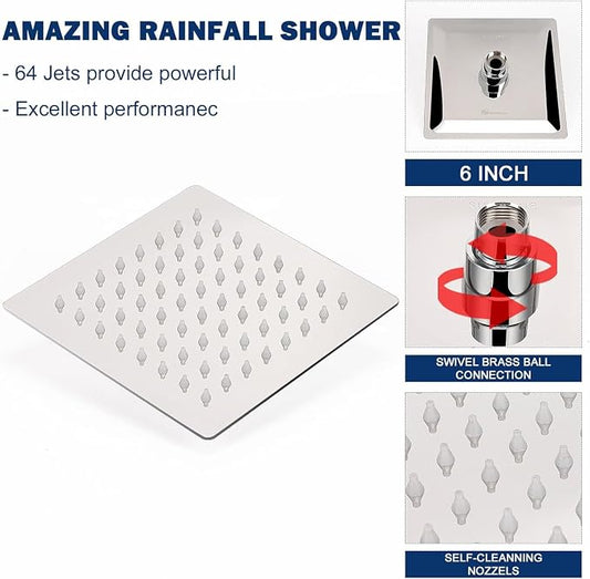 NearMoon Rain Shower Head, High Flow Stainless Steel Square Rainfall Shower, High Pressure Design, Awesome Shower Experience Even At Low Water Flow (6 Inch, Chrome Finish)